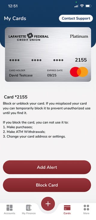 alerts or block card