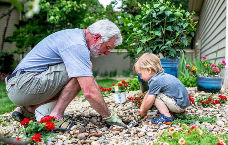 Grandfather and grandson in garden